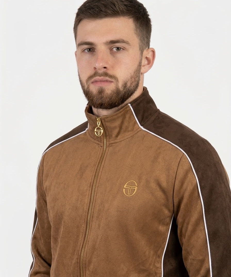 Sergio Tacchini Contrasto Suede Velour Track Top - Golden Brown/Potting Soil/Gardenia