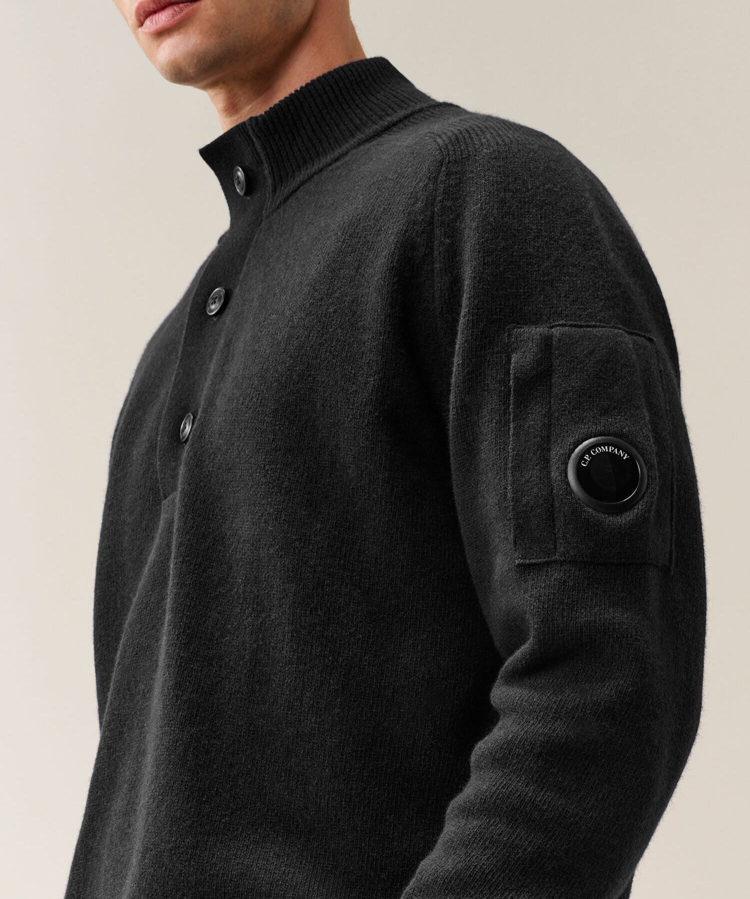 C.P. Company Lambswool Half Button Lens Sweater - Black
