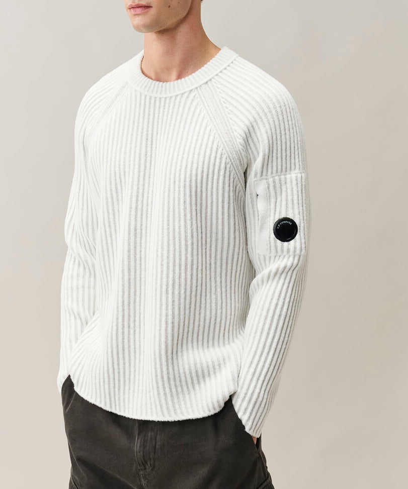 C.P. Company Fleece Knit Lens Crewneck Sweater - White Melange