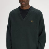 Fred Perry Saddle Sleeve V Neck Wool Jumper - Night Green